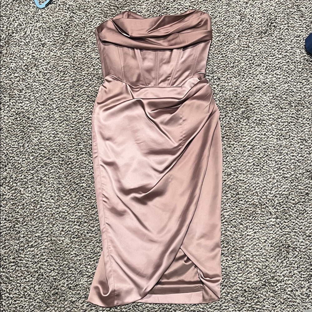 Bardot Strapless Satin Dress in Blush